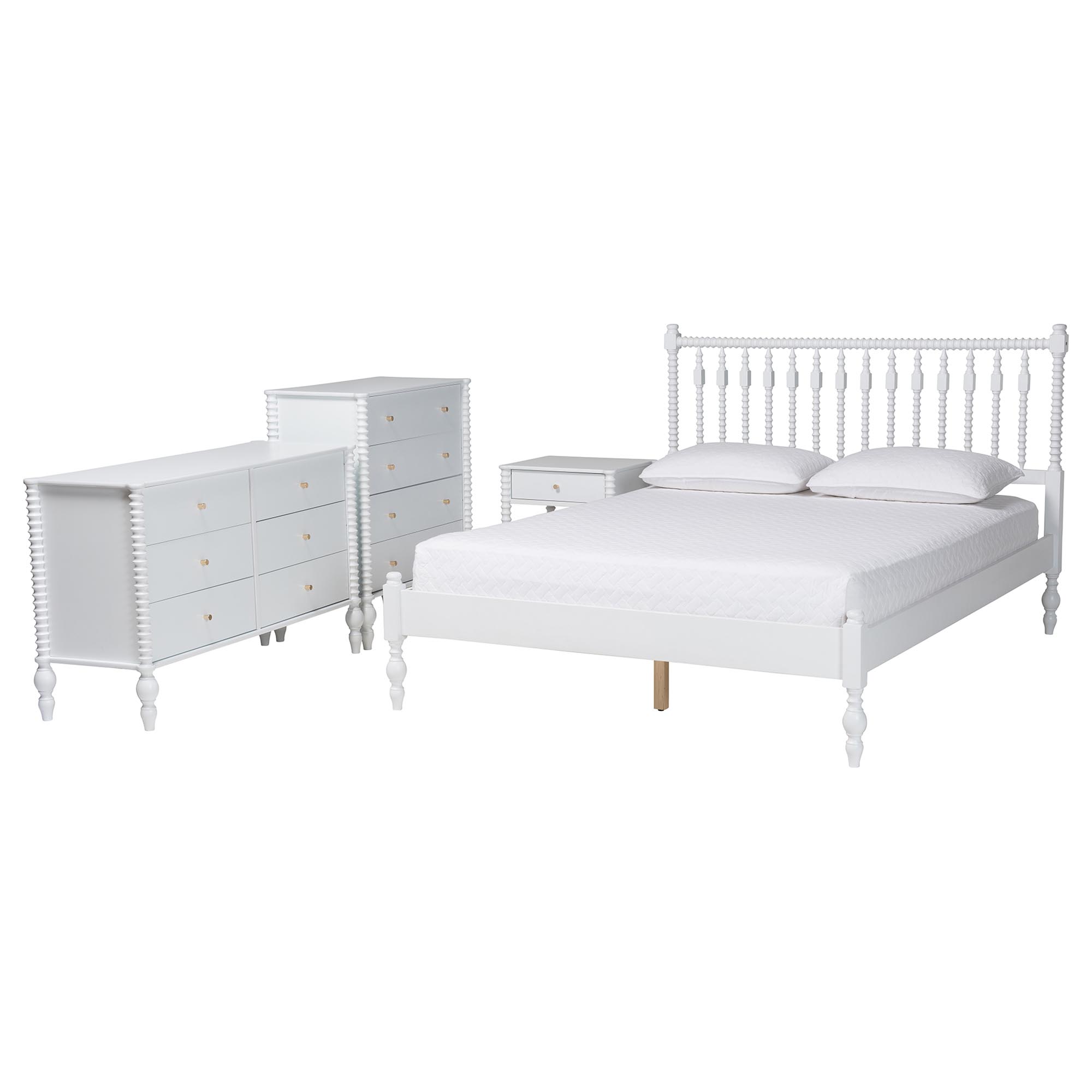 Baxton Studio Denita Spindle 4-Piece Bedroom Set - Farmhouse Platform Bed with Matching Dresser, Chest, and 1-Drawer Nightstand, White, Queen